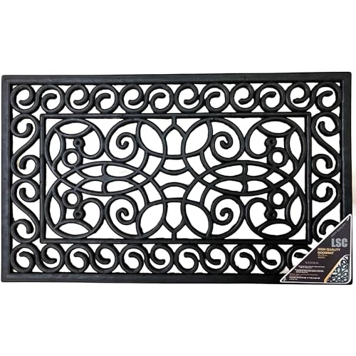 LSC Rubber Door Mat Outdoor Heavy Duty Large Door Mat Non Slip Dirt Scraper Outdoor Mats for Front Door Black Welcome Decorative Wrought Iron Effect Drainage Doormats Outside (Pack of 1 45 X 75 cm)