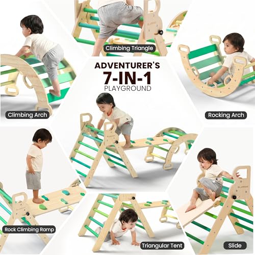 Image of BlueWood Pikler Triangle Set, Toddler Wooden Climbing Toys Indoor 7in1 Foldable Climber for Kids, Montessori Philosophy Play Jungle Gym with Arch, Ramp, Ladder (Green Summer)