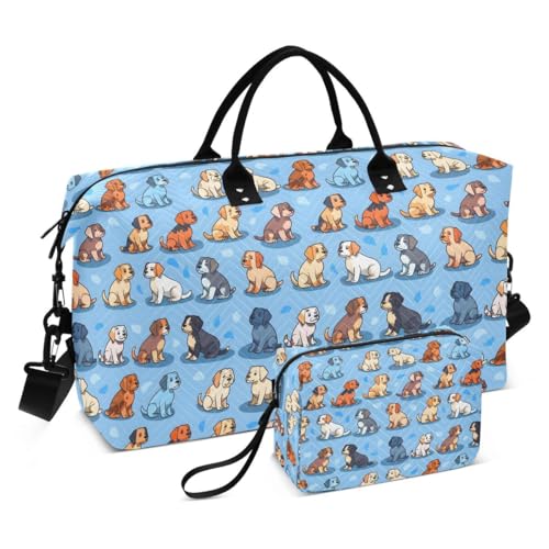 Puppy Dog Blue Cartoon Travel Duffle Bag Gym Bag Weekender Bags with Toiletry Bag Travel Trip Tote Bag