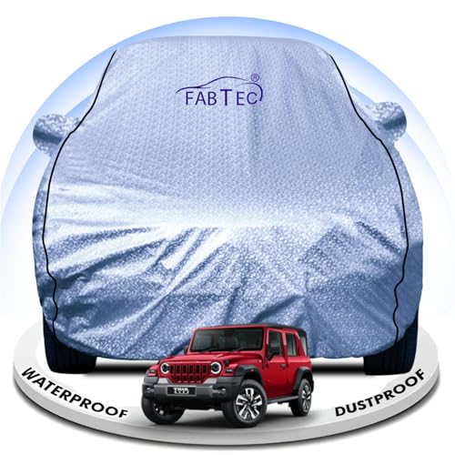 Image of FABTEC Metallic Silver Waterproof Car Body Cover for Mahindra Thar Sun, UV and Dust Protection with Mirror Pocket (Reflective Silver with Black Piping)