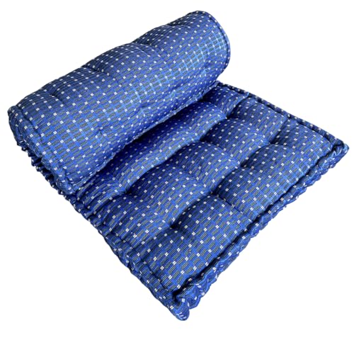 Image of Adim's Traditional Indian Premium Blue Gadda Box Mattress, 6.5 x 6 Feet | Medium Firm, Cotton Quilt, Handcrafted, Floor Bedding