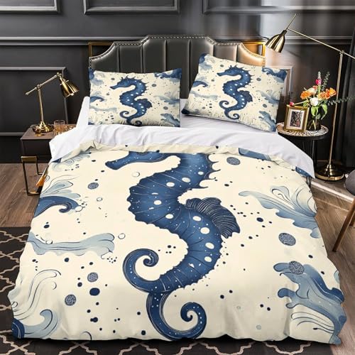 YVASPQRTW Diseño de Caballito de mar 3D Impresión Edredón Funda 3pz Microfibra Resistente Náutico Funda de edredón 2 Fundas hipoalergénica Decoración habitación niños Double（200x200cm）