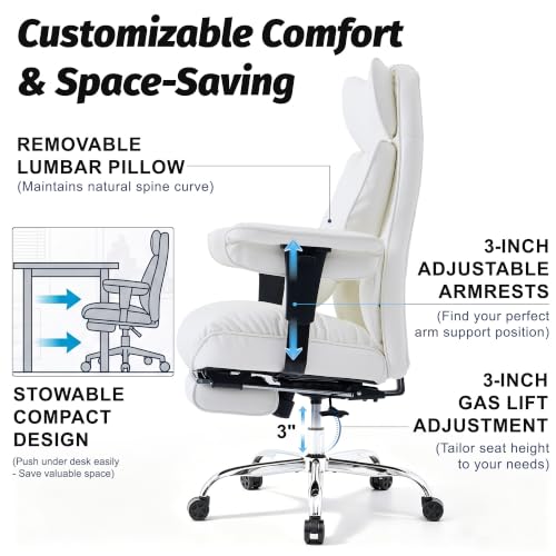 Image of Efomao Executive Office Chair 400lbs,White Big and Tall Desk Chair | Mattress-grade pocket spring cushion, sleek leather, 135 recline & footrest for computer gaming setup.
