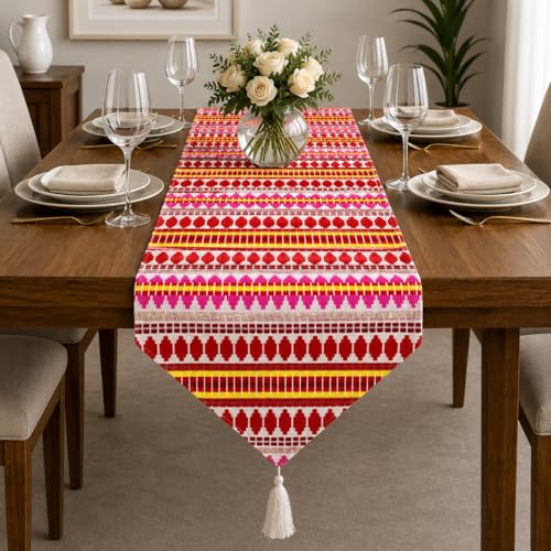 Image of STITCHNEST Woven Table Runner 13x72 Inches | Red & Pink Geometric Design | Tassel Finish | Modern Dining Table Decor