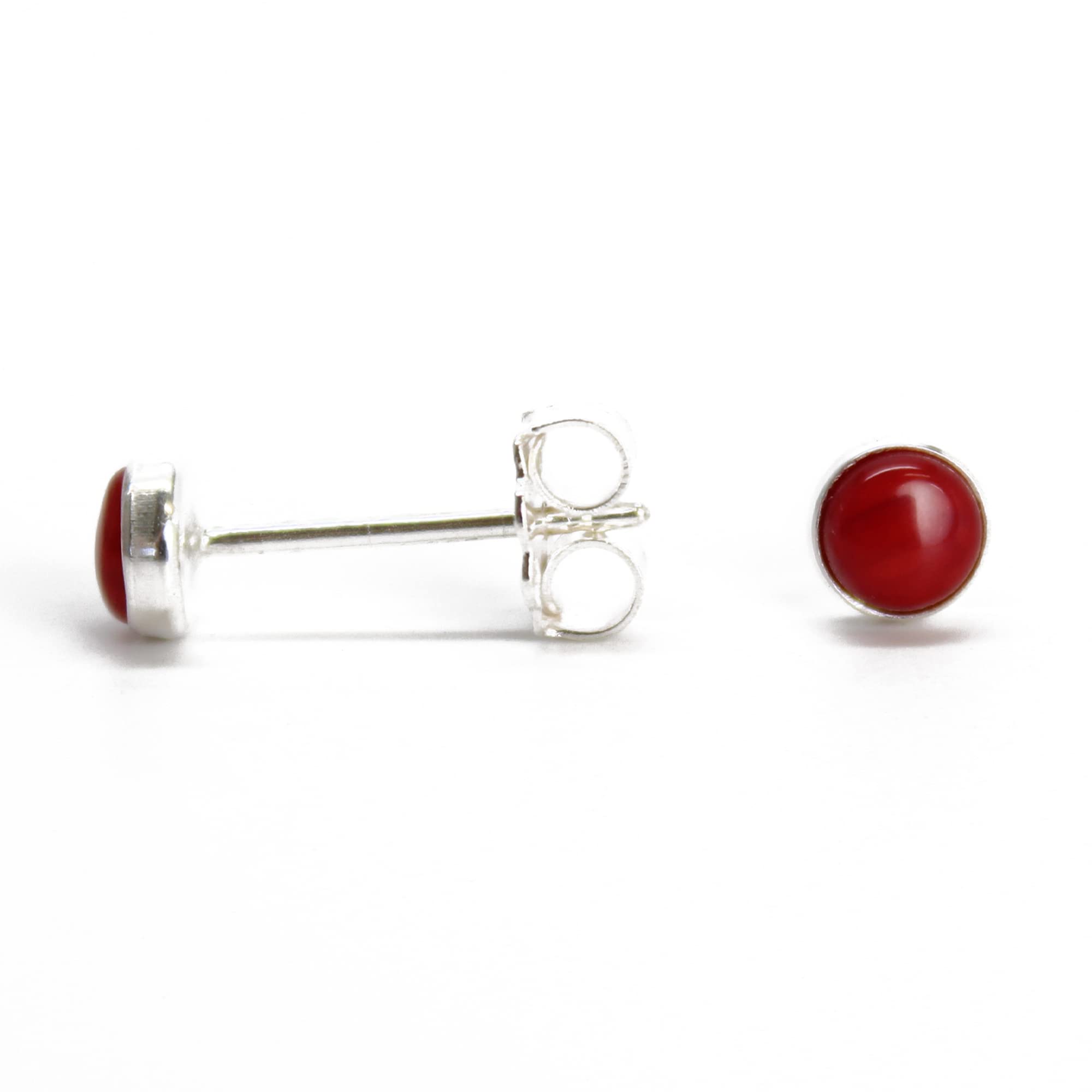 Handmade 4mm Red Bamboo Coral Stud Earrings in Sterling Silver