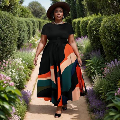 Image of Hostoyo Women Plus Size Formal A Line Maxi Dress Self Tie Waist with Pockets Elegant Round Neck Swing Long Dresses