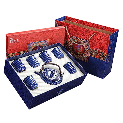 TANFEI Porcelain Tea Set* 1 Pack, 600ml, Blue, Including 1 Teapot, 6 Teacups, Traditional Craftsmanship, Chinese Dehua Ceramics, Japanese Style, Gift Box Packaging