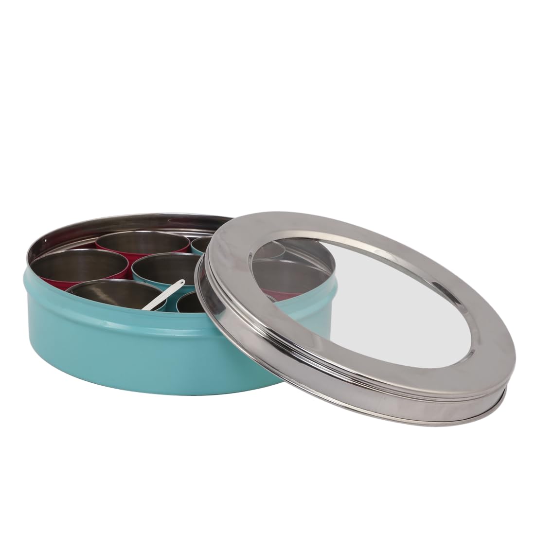 Elan Stainless Steel Masala Box | Spice Storage Container | Masala Dani With 7 Containers and Small Spoon | Masala Dabba For Kitchen See Through Lid | Kitchen Spice Organiser (Aqua) 3