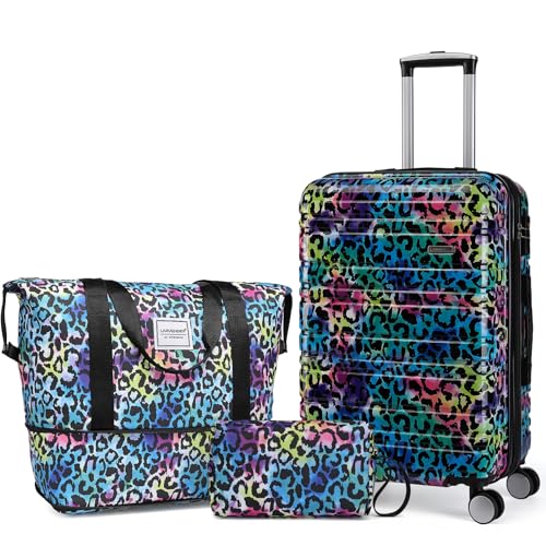 LARVENDER Luggage Sets 3 Piece, Hardside 20 IN Carry on Luggage Airline Approved PC+ABS Suitcase Set with Spinner Wheels TSA Lock, Lightweight Rolling Suitcase for Men and Women, Leopard Multicolor