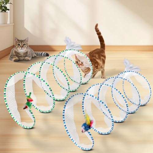 EggSun 2-Piece Spiral Cat Tubes for Indoor Cats, Large Collapsible Tunnel with Feather Mouse Interactive Toy (Green + Blue & White)