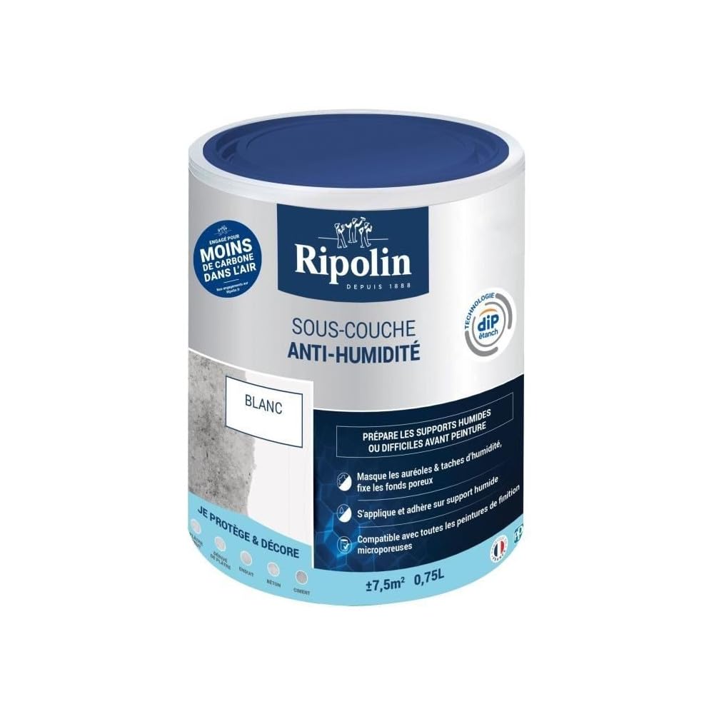 RIPOLIN – Capa interior antihumedad interior – Soportes húmedos o difíciles – Fija los fondos porosos – Alta protección – Máscara de aureolas y manchas de humedad – Mate – 0,75 L – Blanco