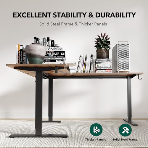 Image of FEZIBO 63 inch x 55 inchL Shaped Standing Desk Adjustable Height, 63 Inch Electric Stand up Corner Computer Desk, Sit Stand Home Office Desk with Splice Board, Vintage-Brown