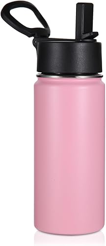 Volhoply Botella de agua aislada para niños con popote, botellas de agua fría de acero inoxidable de 16 onzas para la escuela, vasos de boca ancha