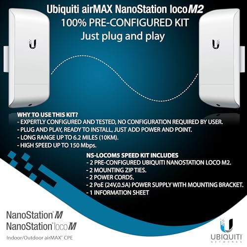 Wireless Bridge Ubiquiti LOCOM2 PRE-CONFIGURADO, Paquete de 2 Ubiquiti Nanostation LOCO M2, Puente WiFi exterior Punto a Punto, Plug and Play 2.4GHz, 150+Mbps, Alcance link 10+km, Puente de red miniatura 3
