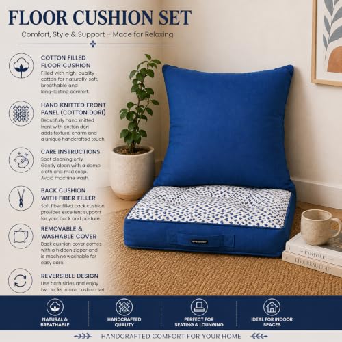 Image of Blue Woven Quilted Floor Cushion Set 60x60x10 CM with Fillers & Back Cushion, Large Size for Seating, Patio Seat, Meditation, Yoga, Pooja, Guests, Living 24x24x4