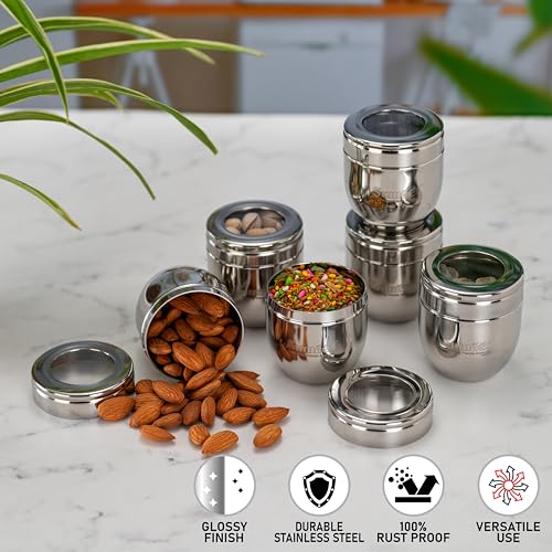 Image of Sumeet Stainless Steel Conical Shape Canisters /Dabba /Storage Containers for Kitchen with See Through Lid, Set of 6 Pcs, 150ml Each, 6cm Dia, Silver