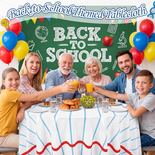 Image of Hahafelt 6 Pcs Back to School Plastic Tablecloth 84 Inch Round Notebook Paper Disposable Table Cover First Day of School Circular Table Cloth for Back Classroom Gatherings