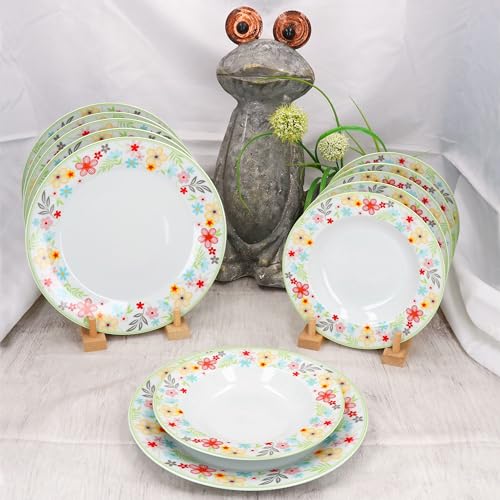 MamboCat Variant Blümchen 12tlg Tafelservice I farbiges Porzellan-Geschirr für 6 Personen I Bunte 6X Suppenteller & 6X Speiseteller I Essteller & Tiefe Teller für Frühstück, Mittag & Abendbrot