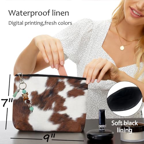 Cow Fur Print Makeup Bag for Women Lady Bestie, Large Capacity Makeup Pouch Travel Organizer Toiletry Cosmetic Bag, Highland Cow Silicone Beaded Keychain with Tassel, Gifts for Women4