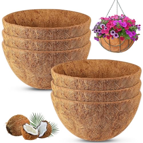 REMIAWY Hanging Basket Coco Liners Coconut Planter Basket Liners 6 Packs 14 Inch 100% Natural Round Coco Fiber Replacement Liner for Hanging Basket Plants Outdoor Garden Flower Pot Vegetables