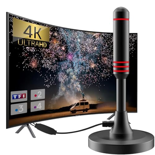 2025 Nouvelle Antenne TV Intérieur Puissante TNT, 500KM Longue Portée et Antenne TV Intérieure à 360 °, pour 1080P 4K Chaînes Télévision Gratuites - 5m de Câble Coaxial & avec Base magnétique (T808)