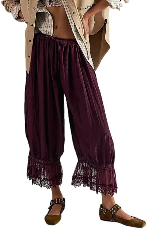 Women Lace Trim Long Bloomers Pants Ruffle Loose Cropped Pantaloons Coquette Pettipants Pajama Bottoms