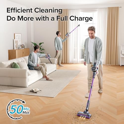 Lubluelu Cordless Vacuum Cleaner, Max 50 Mins Runtime, Stick Vacuum with Touch Screen,Lightweight Vacuum for Carpet, Home Hardwood Floor and Pet Hair-Purple