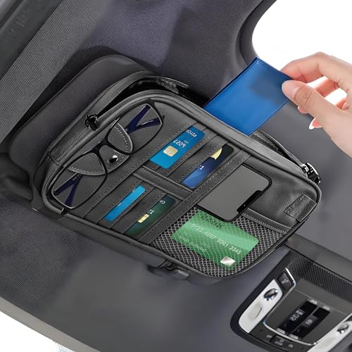 wedfish Upgrade Car Visor Organizer,Multipurpose Car Sun Visor Organizer with Sunglasses Holder for Storage Bank Cards,Driver's License,PU Leather Truck Visor Organizer for Most Vehicles (Black)