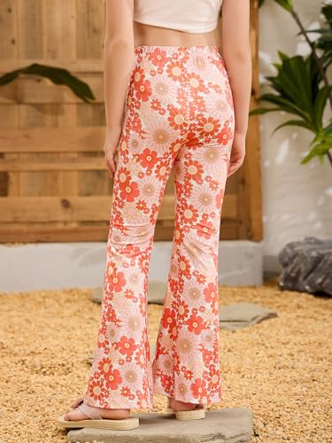 Image of OYOANGLE Girl's Boho Floral Print Elastic Waist Flared Leg Pants Casual Bell Bottom Trousers