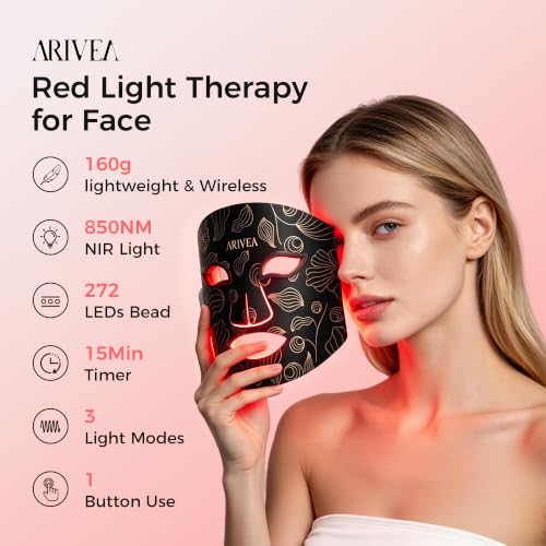 ARIVEA Red Light Therapy Mask for Face, 850nm NIR, Red, Blue LED 3 Lights — view 3