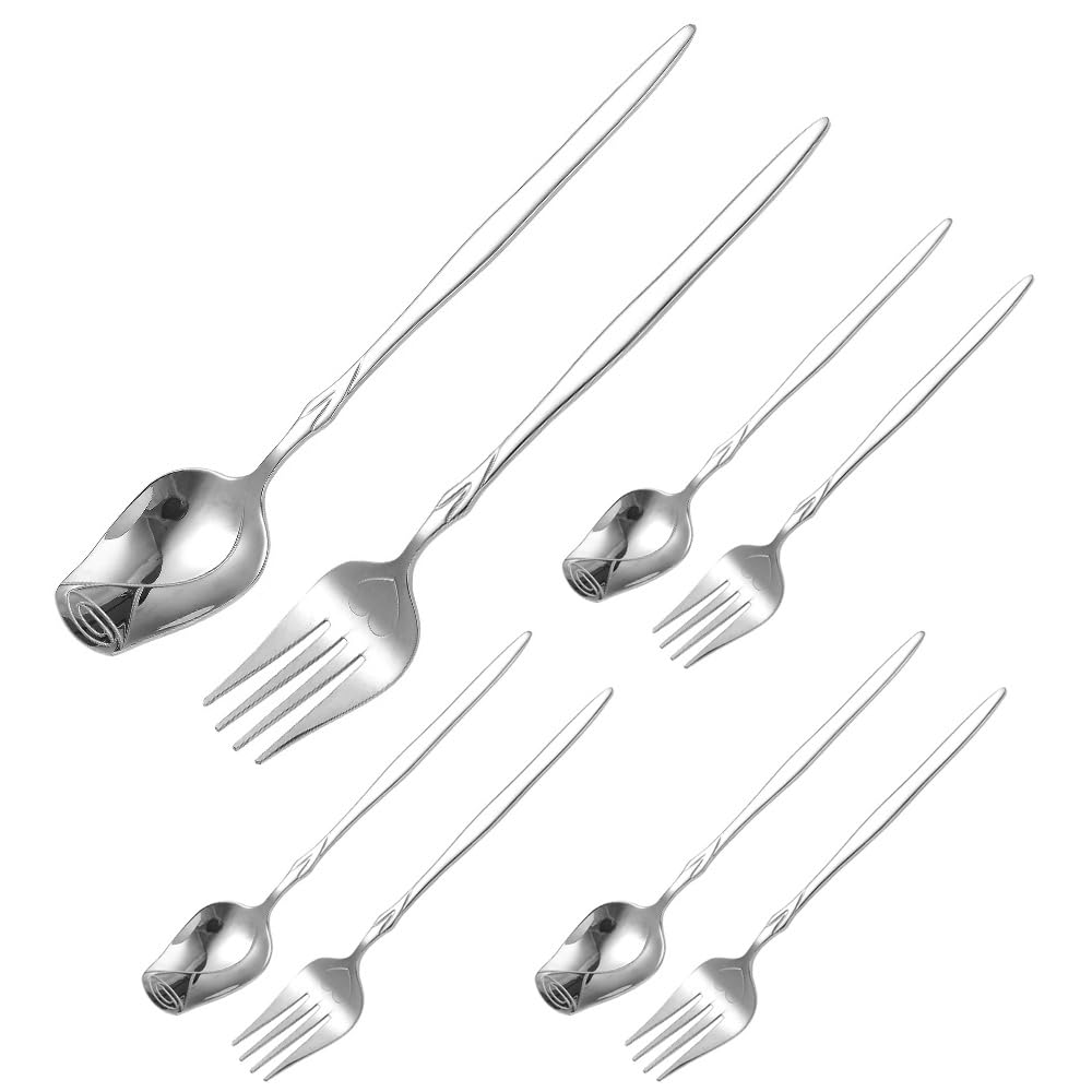 Lot de 8 cuillères et fourchettes en acier inoxydable rose - Cuillère à café - Cuillère à dessert à long manche