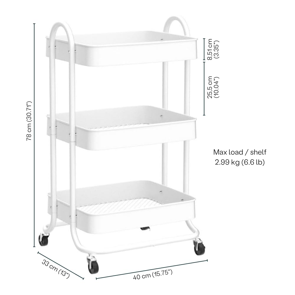 Craftelier - Chariot d'organisation en métal à 3 plateaux | 4 roues pivotantes 360º avec freins | Charge des plateaux 2,99 kg | Distance entre plateaux 25,5cm | Dimensions 78 x 40 cm - Couleur Blanche