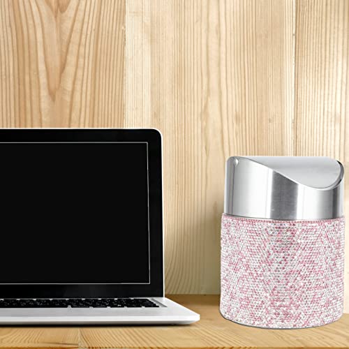 Image of KEYPOWER Bling Rhinestone Mini Trash Can Tiny Waste Can with Swing Lid Stainless Steel,Suitable for Countertop,Car,Table Desk(Pink)