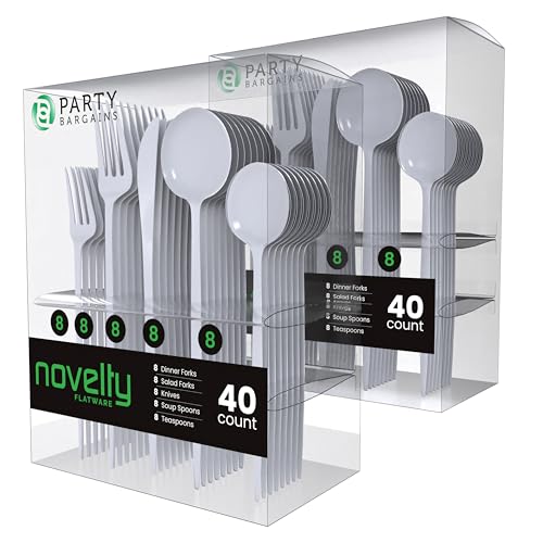 Party Bargains Disposable Plastic Silverware Cutlery Set, 80 Pc, Novelty Design, White, 32 Forks, 16 Knives, 32 Spoons, Modern Flatware Utensils for Table Place Settings, Dinner, Dessert