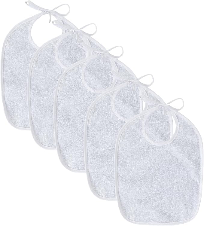 Alki Textile Pack 5 Unidades – Babero Rizo Impermeable – Baberos Bebe Guarderia Blancos con Cierre Ajustable Baberos de Tela para Guarderia Suaves Absorbentes Lavables Recién Nacido Niño Niña