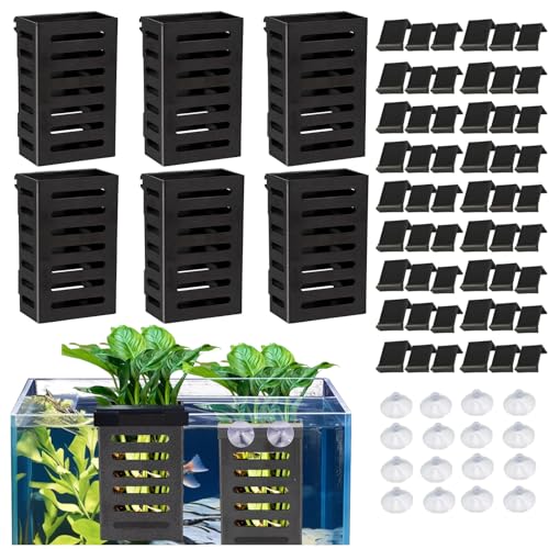 Roucerlin Plastic Aquarium Plant Holder, Black Fish Tank Plant Holder with Hooks & Suction Cups, Hanging Aquarium Planter Basket Cups Pot for Live Decoration Accessories (8 Pack)