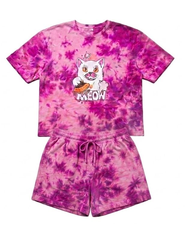 TIEDYE Girls|Women Night Wear Tshirt Shorts Set | Meow Print-image-0