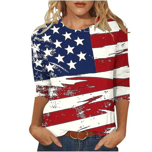Image of Fourth of July Shirts for Women 3 /4 Sleeve Summer Tops American Flag Print T Shirt Patriotic 4th of July Shirts 2025