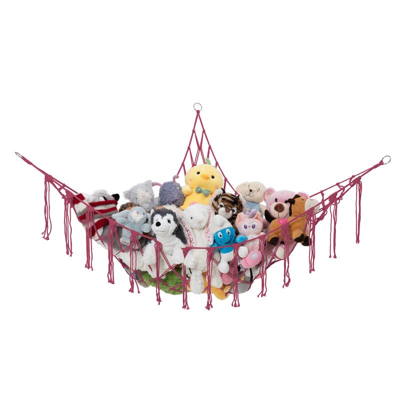 Image of Stuffed Animal Storage Macrame Hammock, Large - Boho Room Decor Toy Storage - Corner Hanging Plushie Stuffed Animal Net Organizer (Pink)