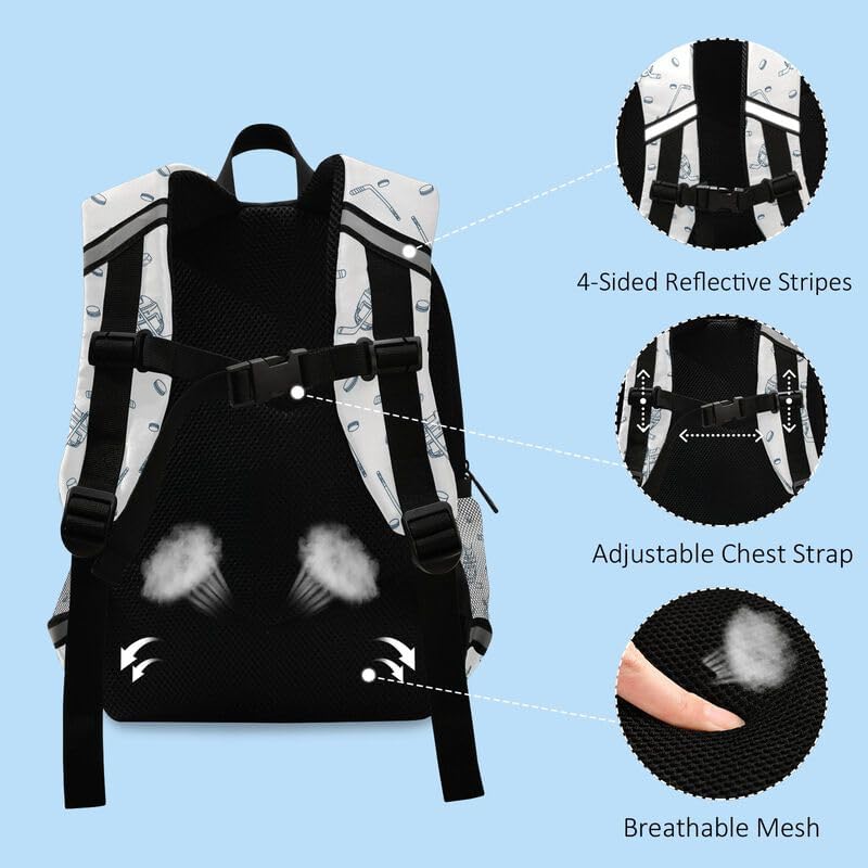 QUGRL Hockey Equipment Pattern Toddler Backpack for Boys Girls Kids School Backpack with Chest Strap Leash Preschool Schoolbag Nursery Kindergarten Bag for Daycare Travel Hiking School