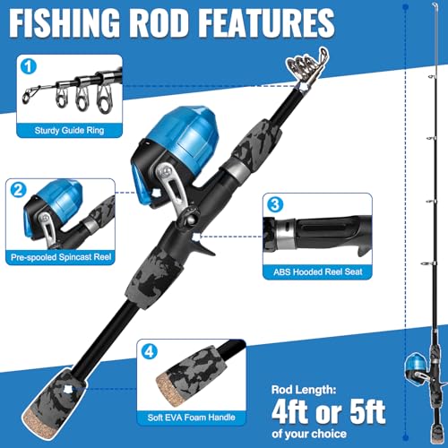 Image of PLUSINNO Kids Fishing Pole with Spincast Reel Telescopic Fishing Rod Combo Full Kits for Boys, Girls, and Adults(Black, 120cm 47.24In)