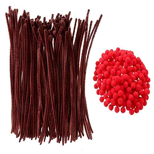 NACTECH 200pcs Mini Pompons Loisirs Créatifs 1cm + 30cm Fils Chenille Marron 100pcs Cure-Pipes Tiges de Chenille Pom-Pom Rouge pour Enfants DIY Fabrication Artisanale et Fournitures Décorations Cover