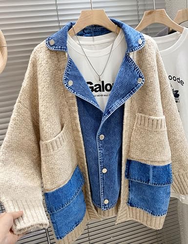 FindThy Women’s Trendy Button Up Cardigan Long Sleeve Color Block Jean Cardigan Coats2