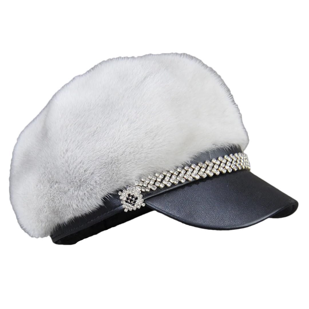 Gorros de invierno de piel de visón real de piel de visón para mujer, cálidos y naturales, viseras de piel de visón, gris (Gray9 2), Talla única