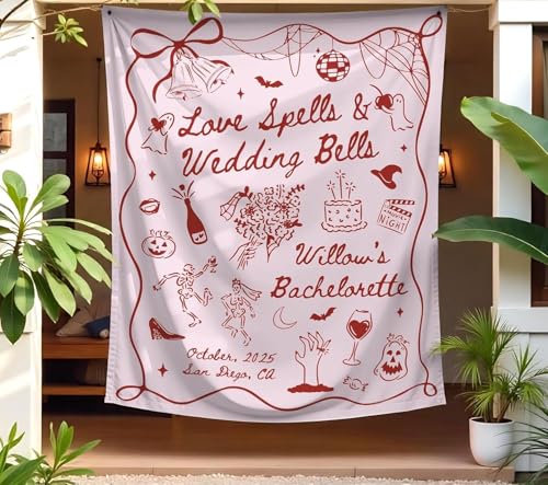 Spells Wedding Bells Tapestry Personalized Witchy Bachelorette Decor Gothic Halloween