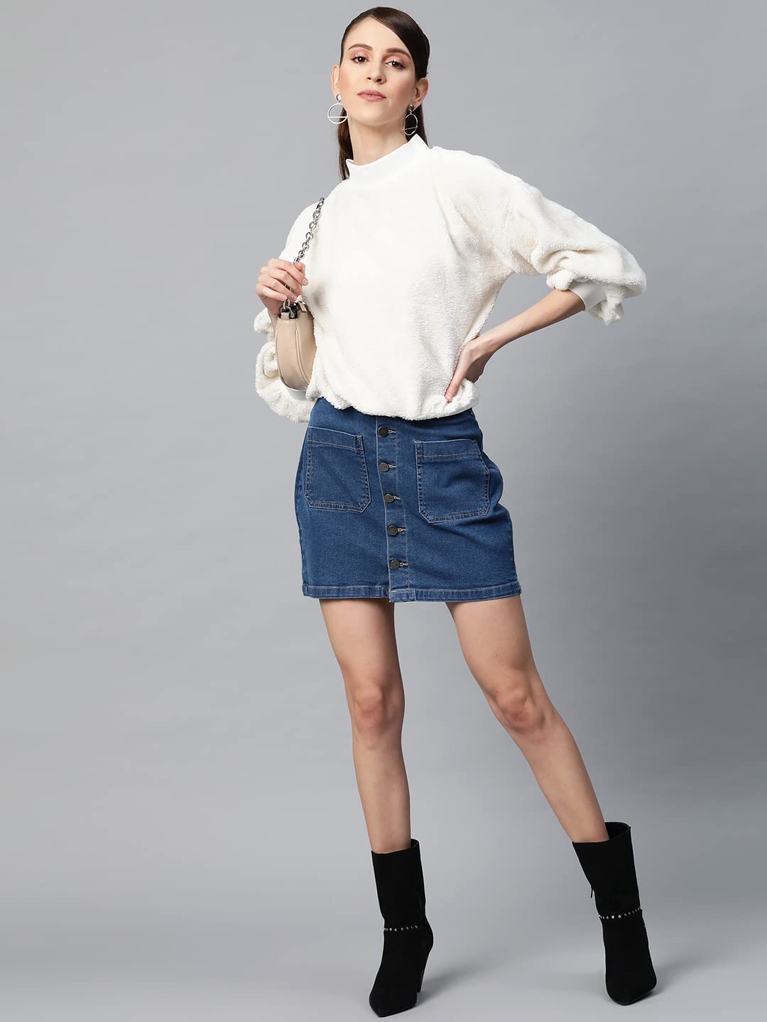 SASSAFRAS White Balloon Sleeve Faux Fur Sweatshirt 2