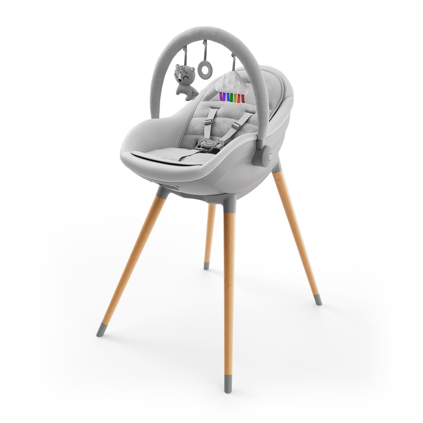 Kinderkraft FINI UP Hochstuhl 3 in 1, Baby Hochstuhl mit Wippe, mitwachsend bis 20 kg, verstellbares Tablett, 5-Punkt-Gurt, Neugeborenen-Einlage, Holzbeine, Grau
