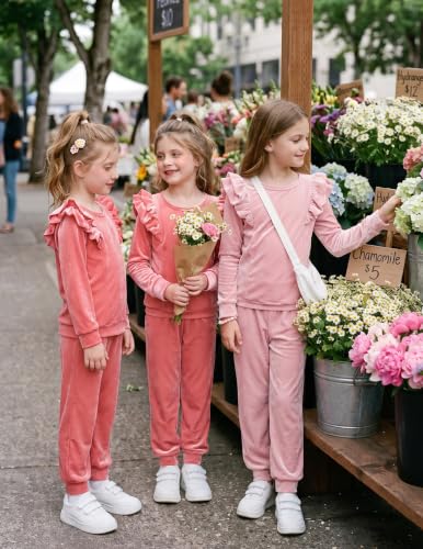 Image of Arshiner Girls 2 Piece Outfits Velour Tracksuit Ruffle Sweatshirt Sweatpant