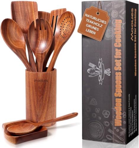 Mooues Kochlöffel Holz Set aus natürliches Teakholz, 9 Stück Küchenhelfer Set mit Halter, Holzlöffel, Pfannenwender… – Ansicht 1
