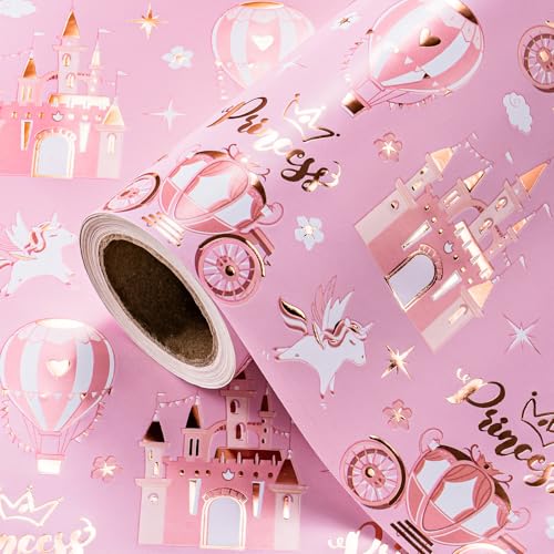 WRAPAHOLIC Princess Wrapping Paper Roll - Mini Roll - 17 Inch x 16.5 Feet - Carriage Castle Pink Wrapping Paper with Pink Foil Design Perfect for Kids Girls Birthday Baby Shower Princess Party